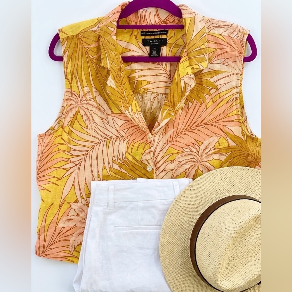 Tahari 100% Linen Tropical Palm Print Sleeveless Button Shirt Yellow Resortwear